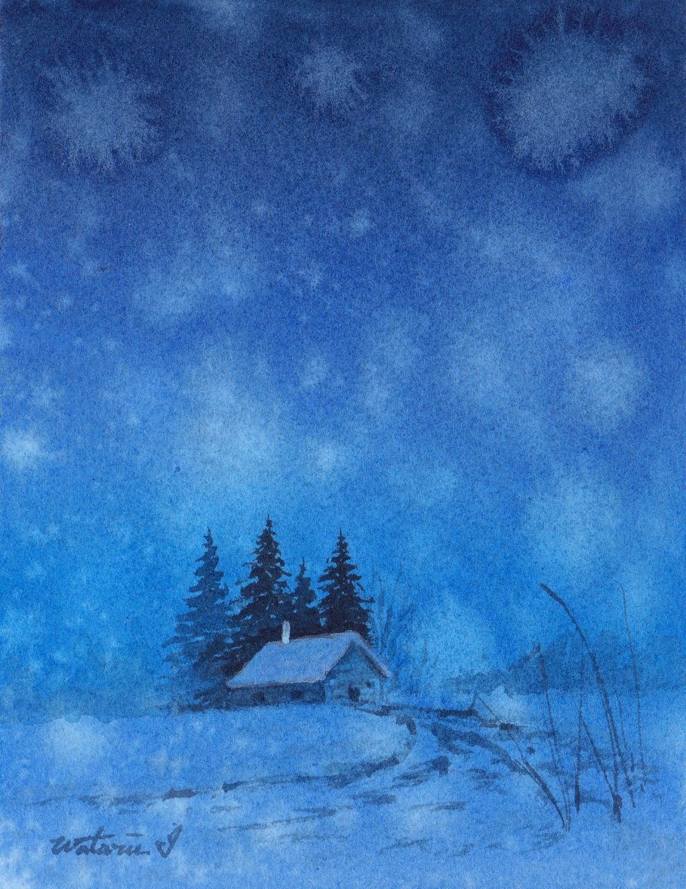 雪の夜 石垣渉 水彩画ギャラリー 国内風景